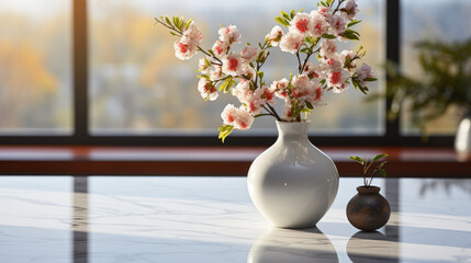Cherry blossoms in vase on empty marble table, soft sunlight and window view - 756563301