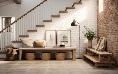 A staircase leads to a room with a wooden bench and a plant. The room has a rustic feel with a brick wall and a wooden floor