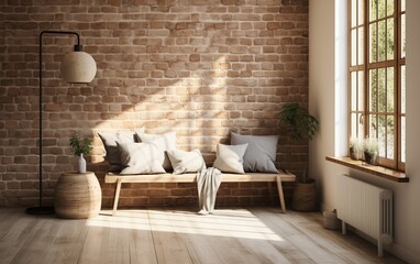 A room with a brick wall and a wooden bench. The bench is covered with pillows and a blanket. There is a potted plant on the floor and a vase on a table. The room is bright and airy