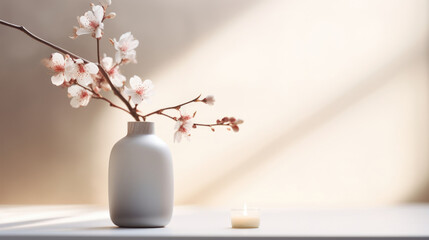 Spring blossom twigs in vase on table, soft shadows on wall - 756563545