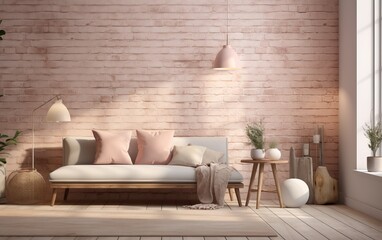 A living room with a white wall and a pink brick wall. The room has a couch, a table, and a potted plant