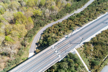 drone aerial view of a high-speed railway viaduct in Galicia, Spain