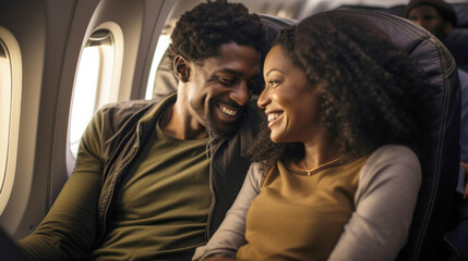 Black young couple travelling by plane, holiday vacation concept. AI Generated content - 756563756