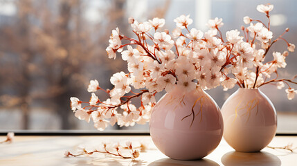 Spring blossom flowers bouquet in vase on table, shadows on wall, copy space - 756563934