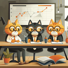 Cartoon cat team in formal wear analyzing charts on a digital board