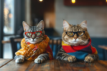 Playful cats dressed as corporate leaders in a vibrant discussion