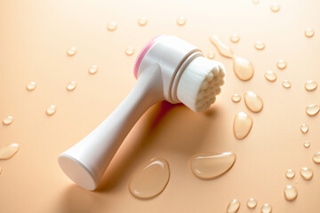 Brush for washing and cleaning the face with drops of water. Hygienic device. Female beauty.