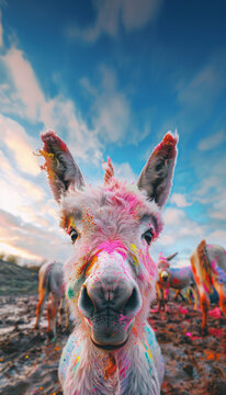 A vibrant, colorful donkey stands under a cloudy sky, embodying playful artistry