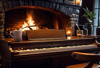 interior of a romantic cute cozy jazz cafe in an old style with evening lighting, a piano and a fireplace overlooking the street of the night city