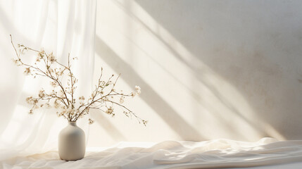 Delicate spring flowers bouquet in glass vase on table, soft shadows on wall - 756564357