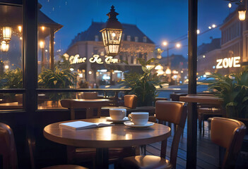 interior of a romantic cute cozy jazz cafe in an old style with evening lighting, a piano and a...