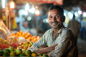 Fototapeta premium A simple street market seller in front of his stand stall. Blurred background with bokeh. Created with Generative AI technology.