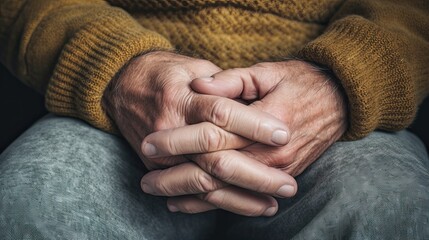 Fototapeta premium Hands of an elderly man with crossed fingers close-up. Male hands as if holding something. An air of contemplation lingers in the poised fingertips, hinting at deep thought and focus.