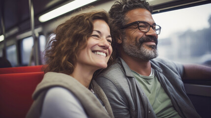 Mixed race middle aged couple travelling by train, responsible travel concept - 756564576