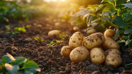 Fresh potatoes in soil at sunset - obrazy, fototapety, plakaty