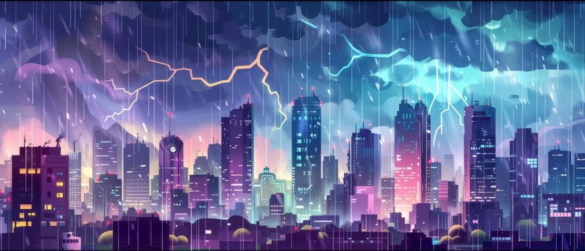 Fototapeta Cartoon illustration of pouring rain and lightning bolt in cloudy sky over skyscrapers, office and housing buildings with many windows, gloomy cityscape.