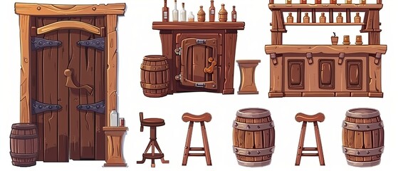 An old west saloon interior with wooden doors, counters, chairs, and barrels with beer. Cartoon set of old west cowboy pub furniture.