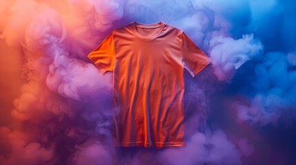 A vivid orange t-shirt emerges from dreamlike colorful smoke, evoking a sense of mystery and fashion-forward energy.