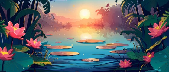 In the midst of a lush rainforest swamp with lotus flowers at sunset, a vibrant sun rises above a lake surface in shadows cast by jungle trees and plants. - obrazy, fototapety, plakaty