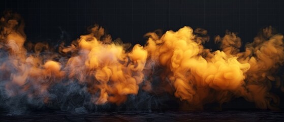 Realistic modern illustration of yellow and orange toxic smoke cloud over a dark transparent background. Mist or haze of mystical atmospheric condensation or steam on floor.