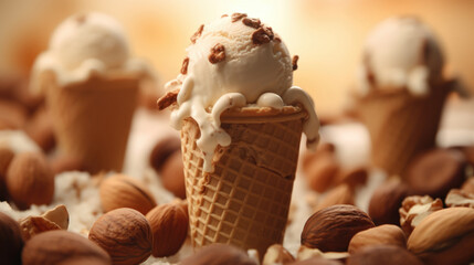 Brown nutty ice cream with nuts ingredients, dessert food background - 756564900