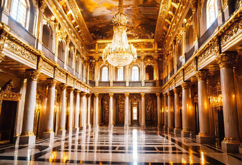 golden marble interior of the royal palace, golden palace, interior of the aristocratic castle museum, - obrazy, fototapety, plakaty