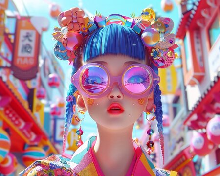 Design a 3D animated scene featuring colorful harajuku fashion trends