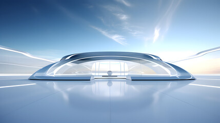 3D render of a stunning futuristic glass architecture ,car parking background 