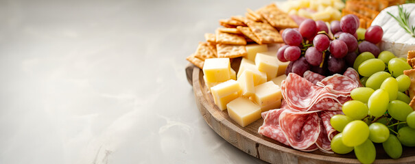 variety of cheese salami meat tapas on charcuterie board rustic ham prosciutto snack plate with crackers antipasti variation grapes brie camembert Spanish French Italian restaurant magazine editorial 