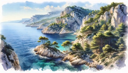 Fototapeta na wymiar Watercolor landscape of the Calanques National Park, France