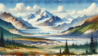 Gordijnen Watercolor landscape of Wrangell-St. Elias National Park, United States © monkik.