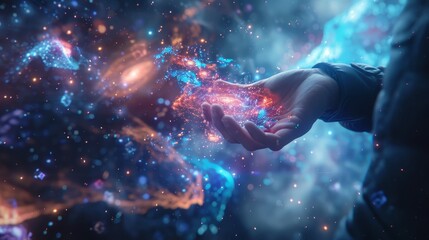 An open hand captures the essence of cosmic energy, with a dazzling nebula and starry expanse as a backdrop, evoking awe and wonder.
