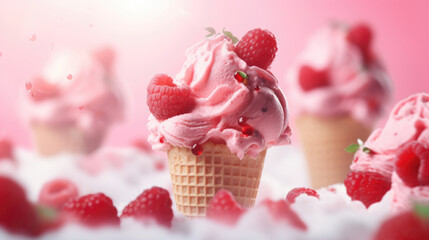 Pink color raspberry ice cream with berries ingredients food background - 756565793