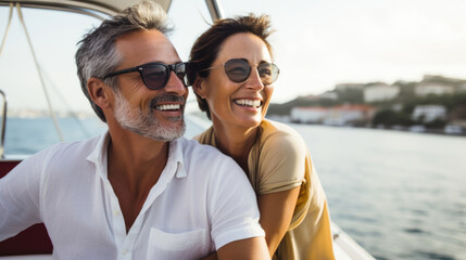 Smiling caucasian middle age couple enjoying leisure sailboat ride in summer - 756565950