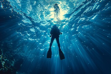 A serene underwater image featuring a scuba diver beneath sunbeams penetrating the sea surface