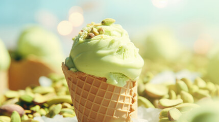Green pistachio ice cream with nuts ingredients, dessert food background - 756565974