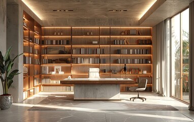 A large room with a desk and a bookshelf. The bookshelf is full of books and the desk has a computer. The room is well lit and has a modern feel