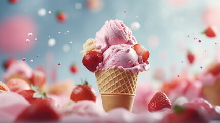 Strawberry pink ice cream with flying berries ingredients, blue sky background