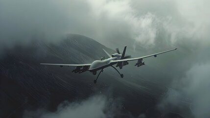 Fototapeta na wymiar Against the background of the gray sky and mountains, the drone combat vehicle is flying, its slender silhouette stands out against the background of clouds. Performing an important combat mission wit