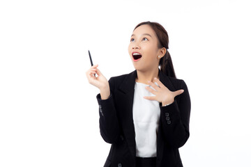 A cheerful young asian businesswoman in a suit, smiling and looking up, holding a pen, celebrating...