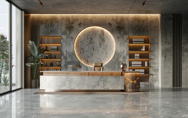 A modern office space with a large circular mirror and a wooden desk. The room is filled with bookshelves and a potted plant. The overall mood of the room is sleek and sophisticated