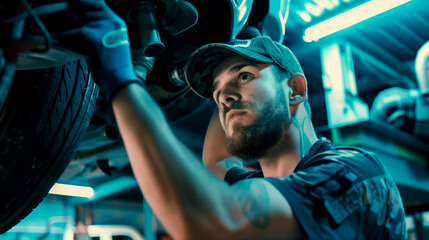 Fototapeta na wymiar Garage Mechanic Inspecting a Car
