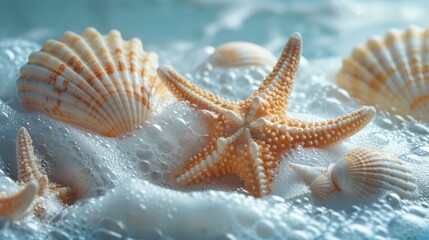 Fototapeta na wymiar Starfish and seashells ensconced in frothy ocean bubbles