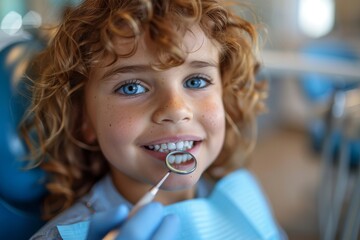 A cheerful young boy with curly hair having his teeth examined by a dentist in a friendly clinic