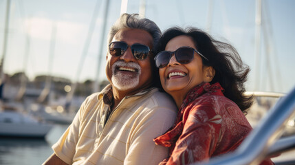 Smiling mature indian american couple enjoying sailboat ride in summer - 756566590