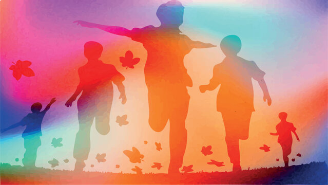 Children happily running through the grass, butterflies flying. Silhouettes on a colorful bright background. Vector image EPS 10