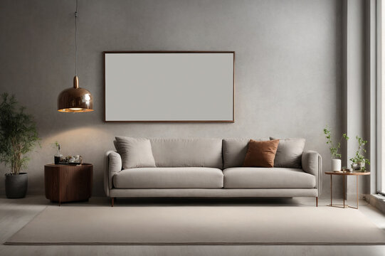 blank frame on wall, grey wall background, minimalist sofa, marble pattern wooden sofa, grey carpet, lamp