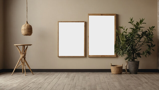 blank frame on beige wall mock up, vertical wooden poster frame on wall, mock up for picture or photo frame, empty frame on bright wall with dried plants