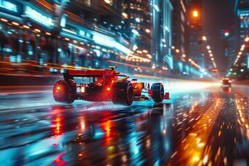 A hyperrealistic racing scene with a formula car speeding through a wet urban street at night, surrounded by neon light reflections