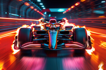 A futuristic F1 car with neon lights, its wheels spitting fire because it's going very fast. Concept: F1 is excitement and speed. - obrazy, fototapety, plakaty